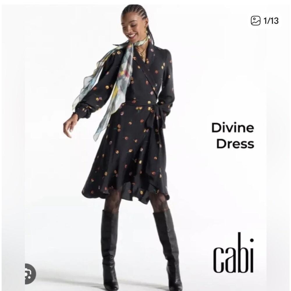 CAbi Divine Dress Womens XS Black Floral Wrap Ruffle Smocked Long Sleeve